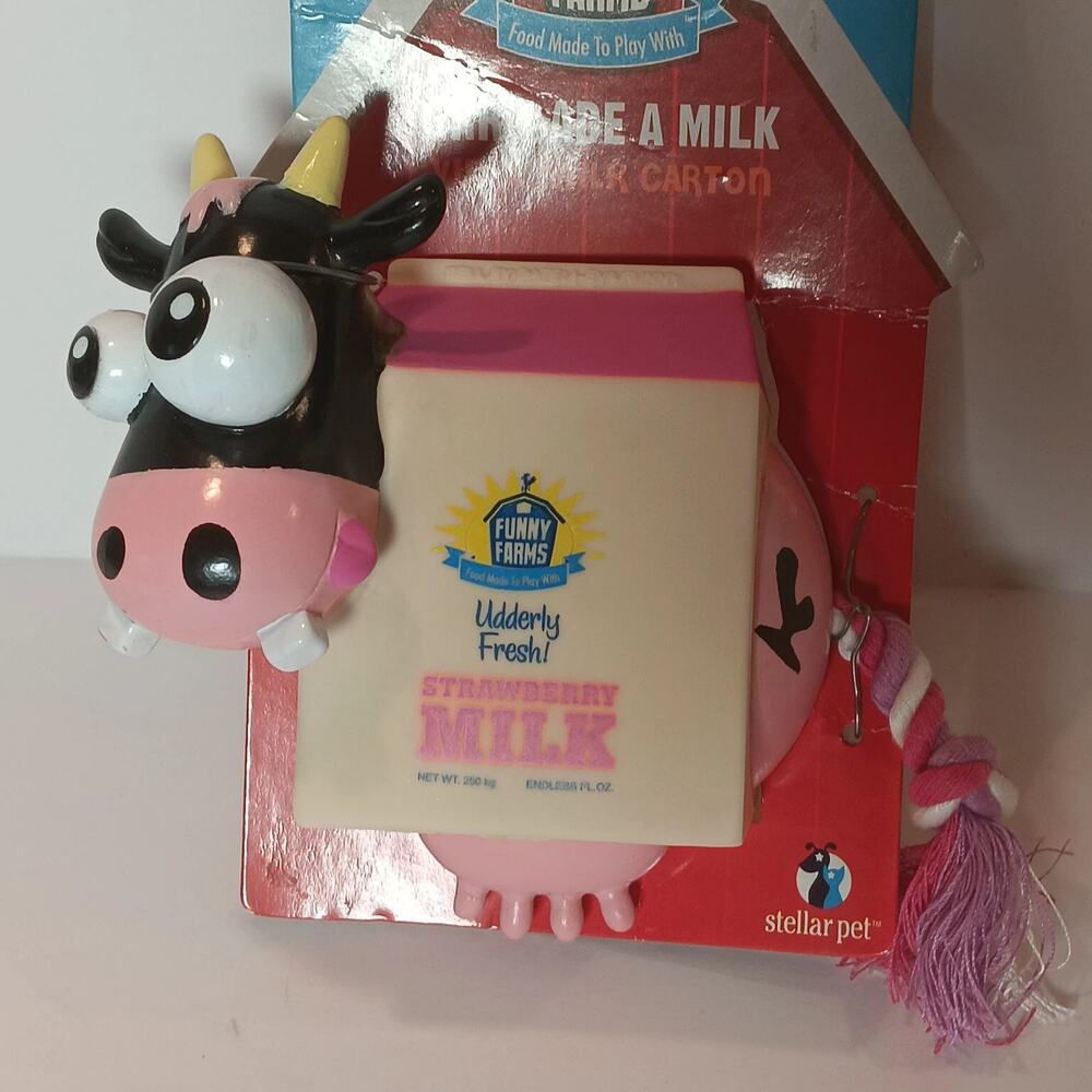 Funny Farms Squeak Toy Cow Vinyl Rubber Milk Carton Goofy Udders Stellar Pet